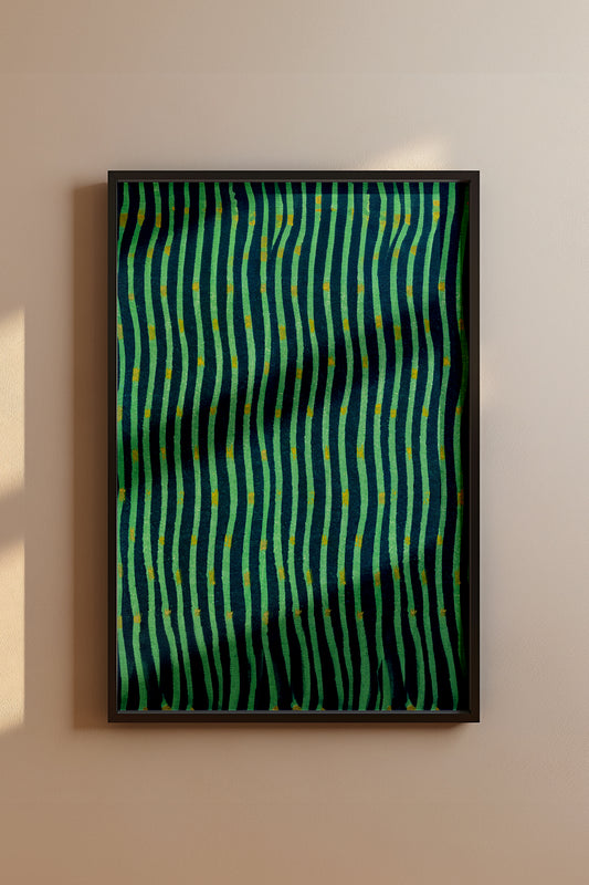 Japanese Edo Era Woodblock Textile Print – Vintage Green and Blue Wave Pattern