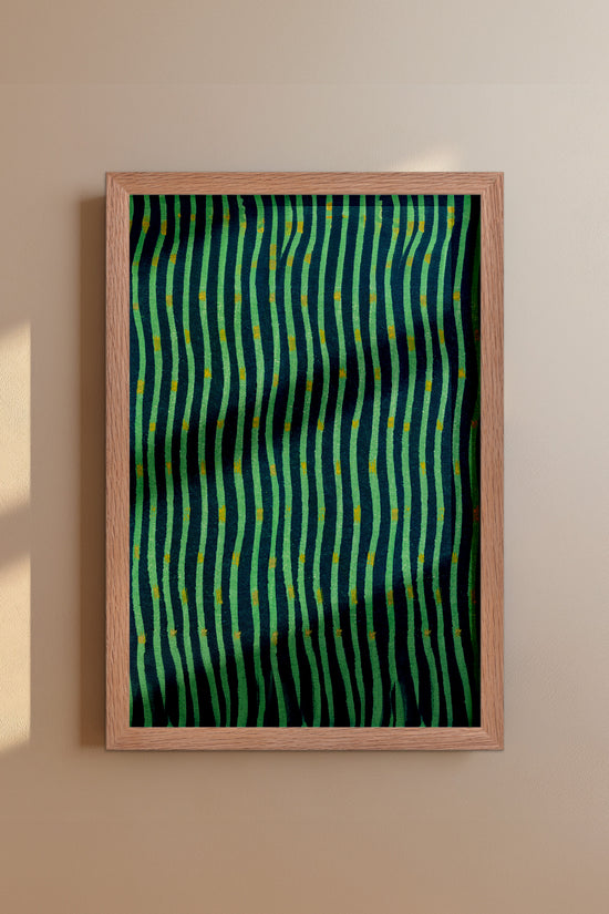 Japanese Meiji Era Woodblock Textile Print – Vintage Green and Blue Wave Pattern