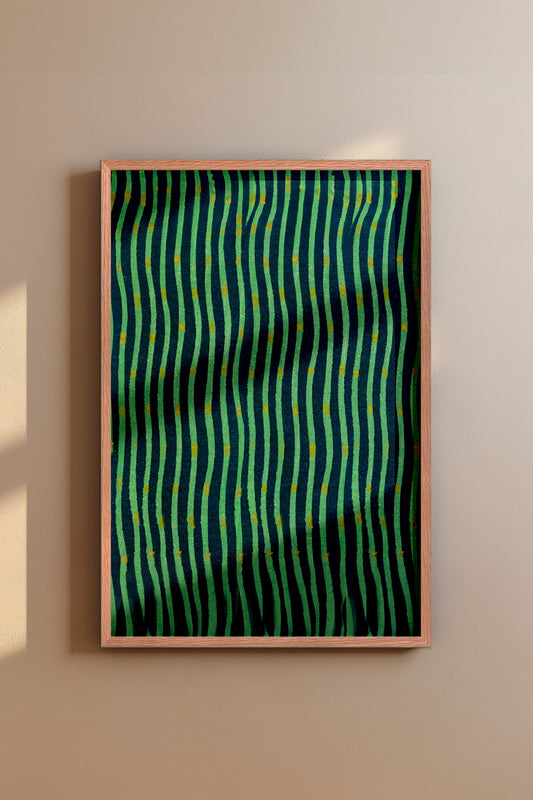 Japanese Meiji Era Woodblock Textile Print – Vintage Green and Blue Wave Pattern