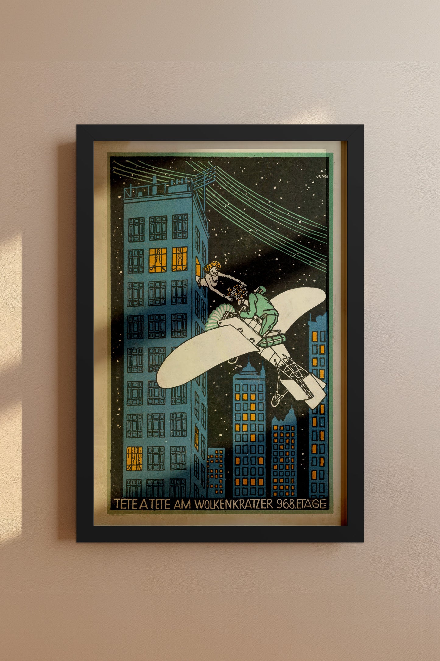 Tête-à-Tête am Wolkenkratzer – Moriz Jung, 1911 Viennese Modernist Illustration