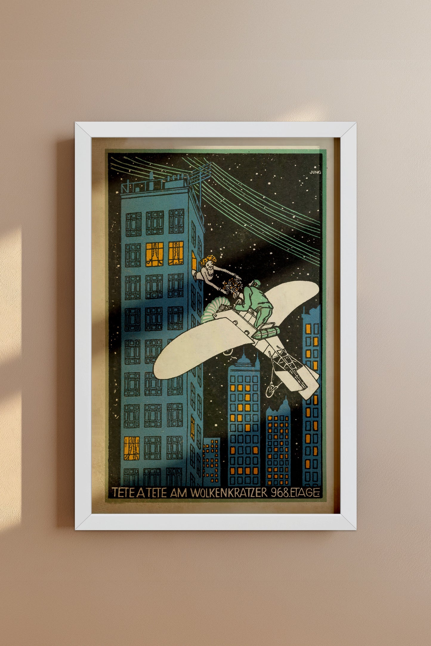 Tête-à-Tête am Wolkenkratzer – Moriz Jung, 1911 Viennese Modernist Illustration