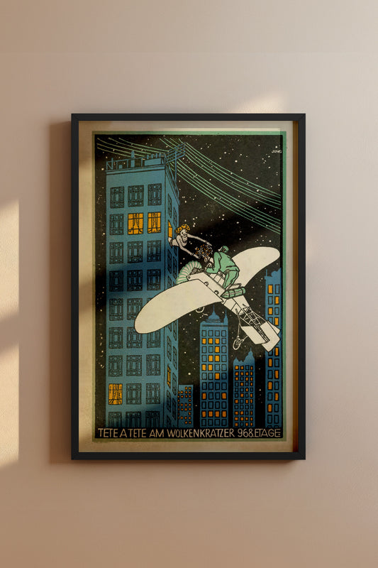 Tête-à-Tête am Wolkenkratzer – Moriz Jung, 1911 Viennese Modernist Illustration