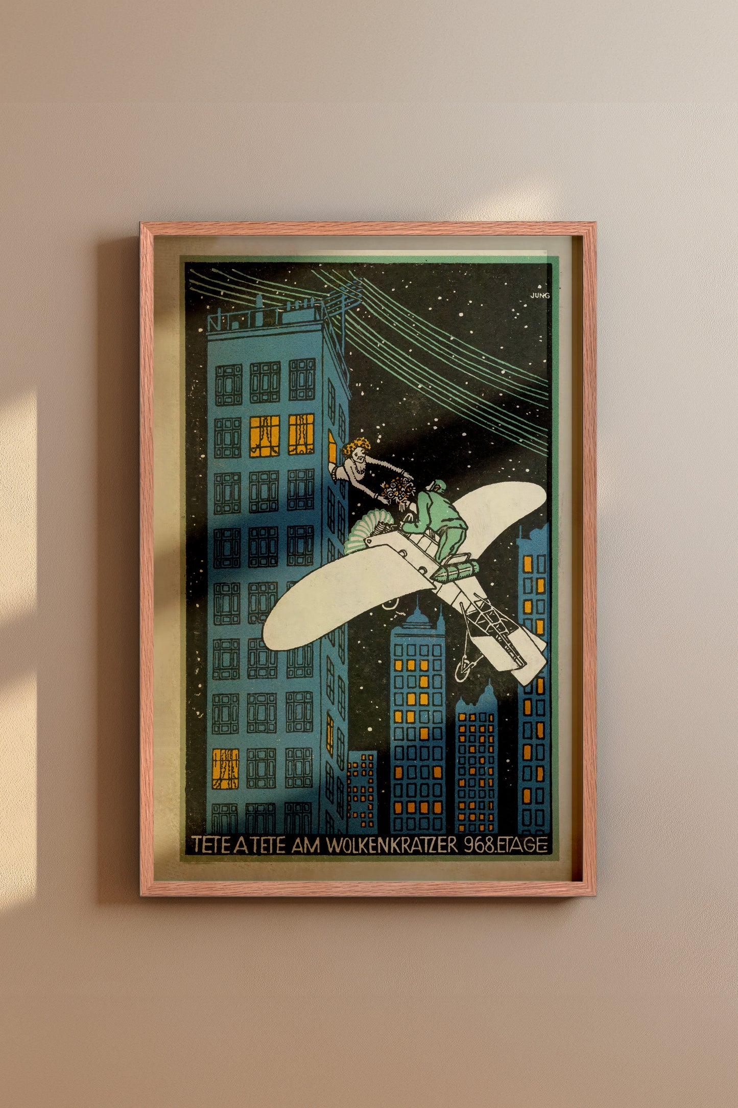 Tête-à-Tête am Wolkenkratzer – Moriz Jung, 1911 Viennese Modernist Illustration