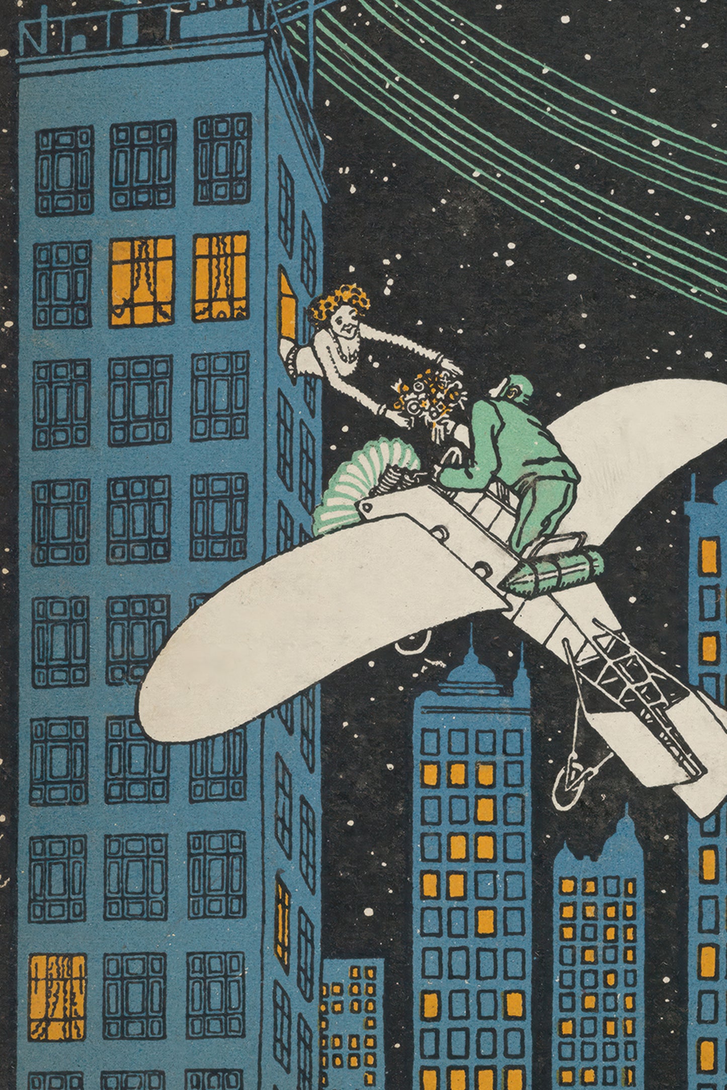 Tête-à-Tête am Wolkenkratzer – Moriz Jung, 1911 Viennese Modernist Illustration