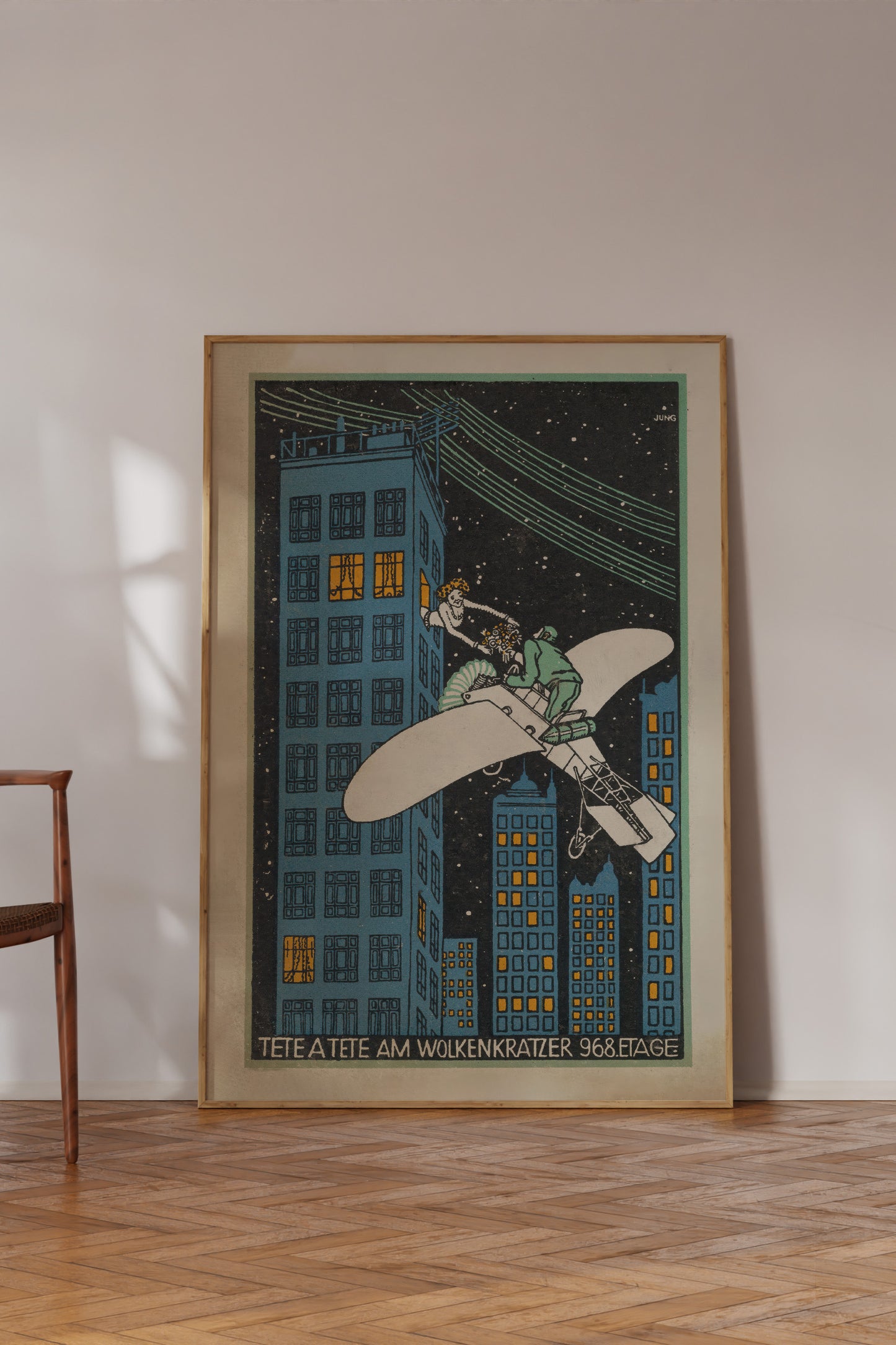 Tête-à-Tête am Wolkenkratzer – Moriz Jung, 1911 Viennese Modernist Illustration