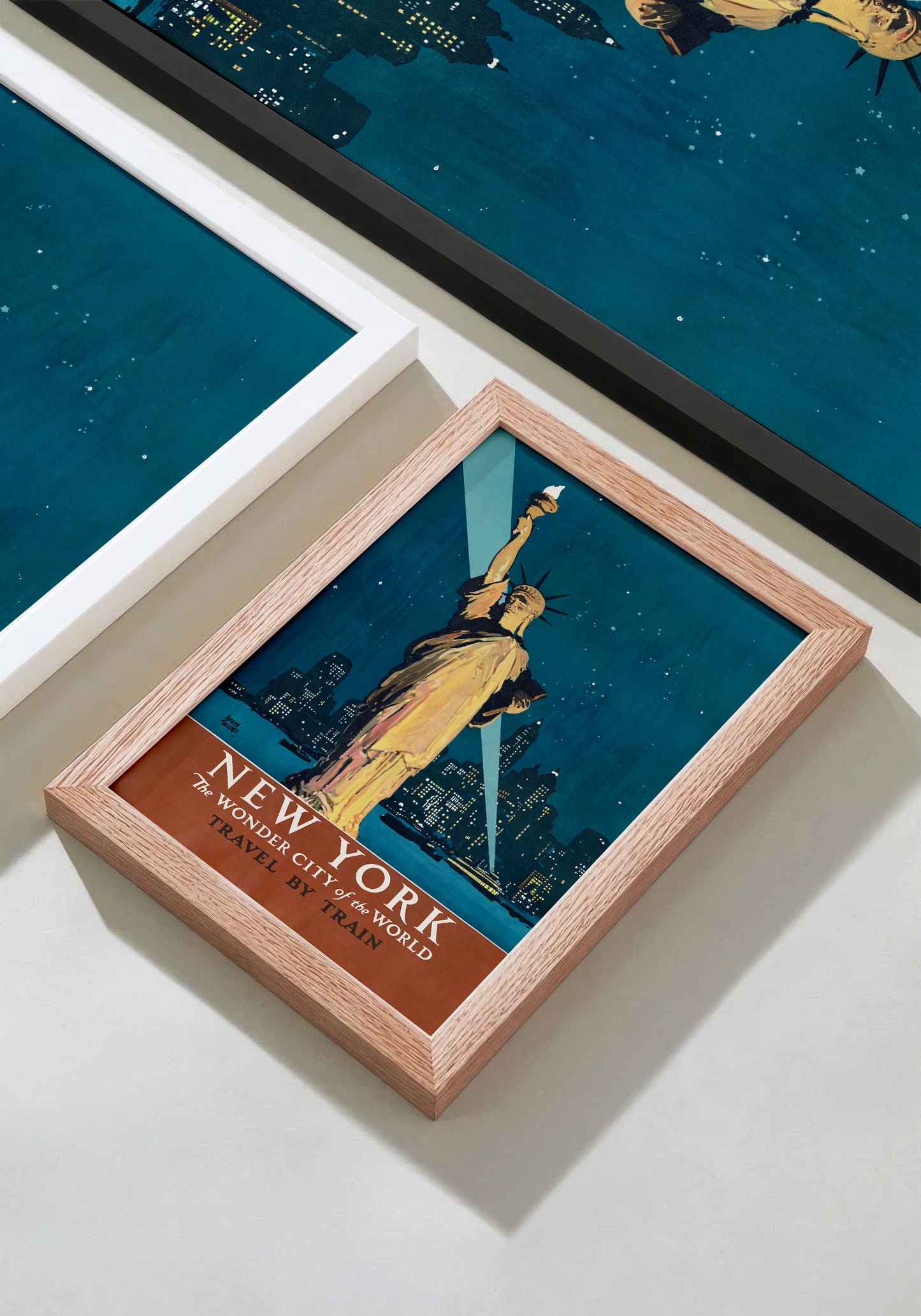 New York Travel by Train Poster – Vintage Statue of Liberty Wall Art