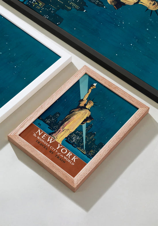 New York Travel by Train Poster – Vintage Statue of Liberty Wall Art