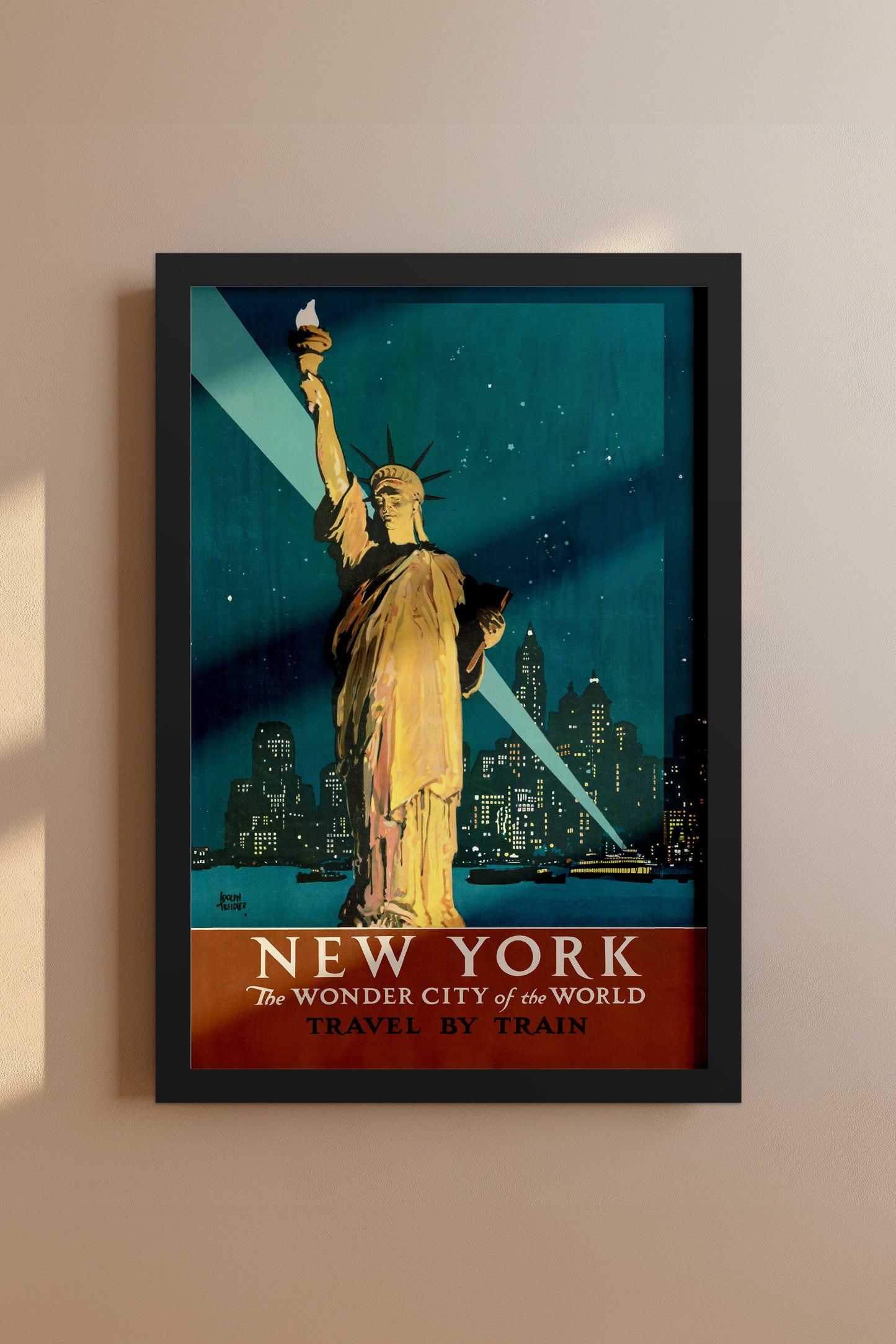 New York Travel by Train Poster – Vintage Statue of Liberty Wall Art