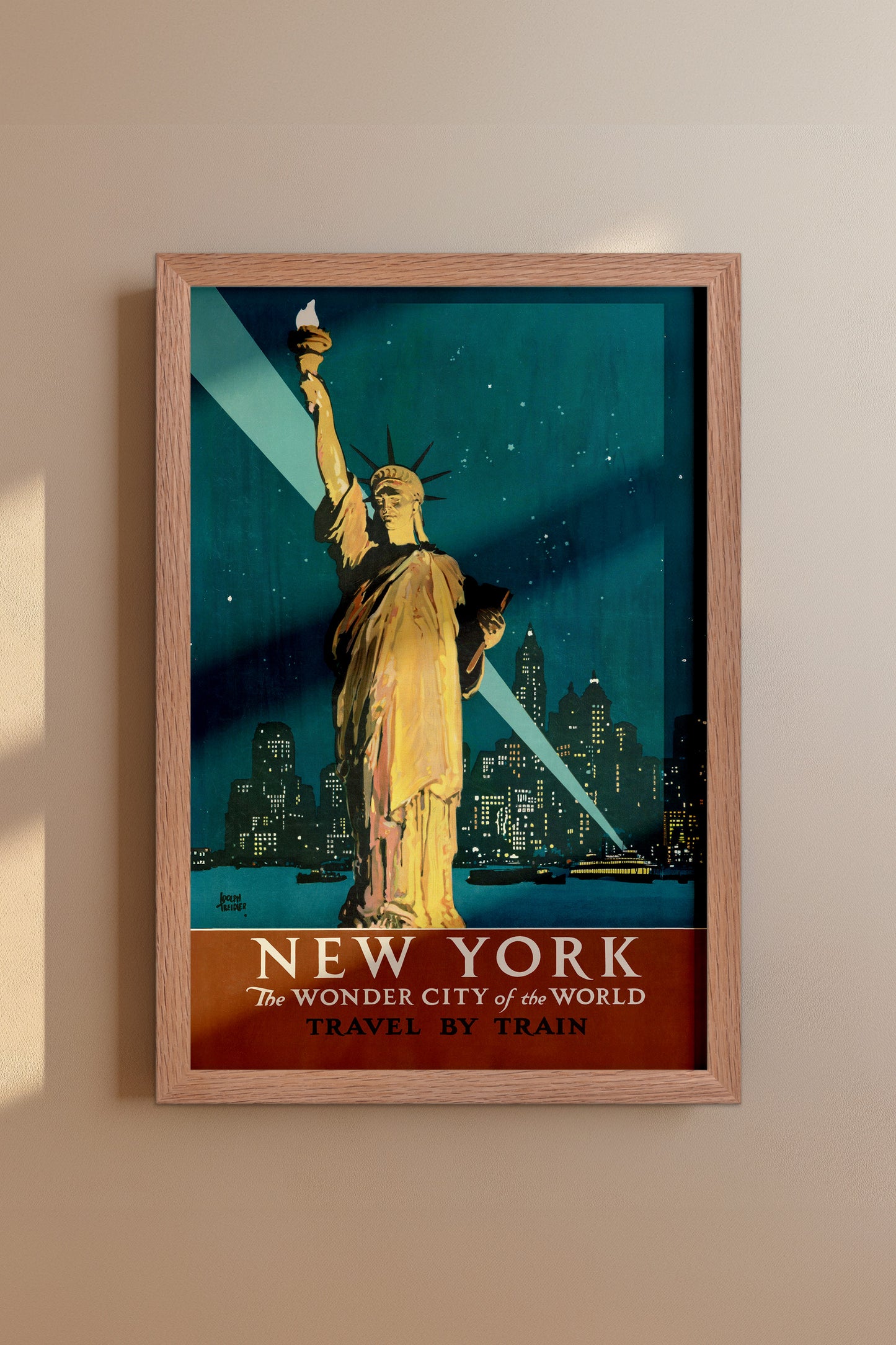 New York Travel by Train Poster – Vintage Statue of Liberty Wall Art