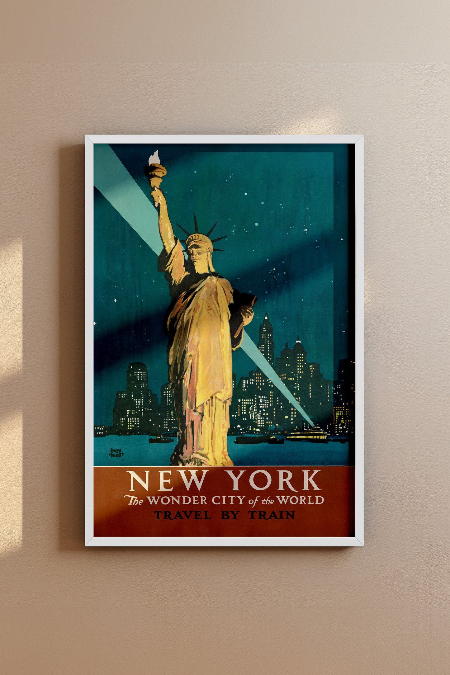 New York Travel by Train Poster – Vintage Statue of Liberty Wall Art
