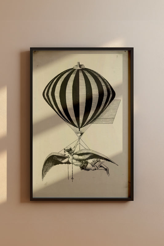 Vintage 1800s Air Balloon Illustration – Monochrome Flight Wall Art Print