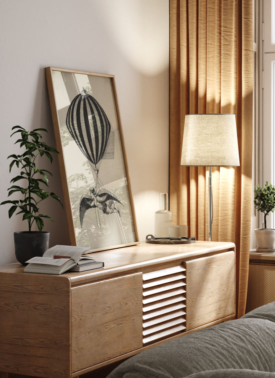 Vintage 1800s Air Balloon Illustration – Monochrome Flight Wall Art Print