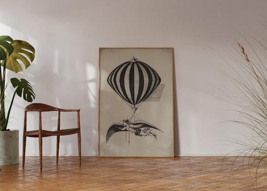 Vintage 1800s Air Balloon Illustration – Monochrome Flight Wall Art Print