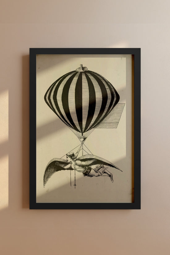 Vintage 1800s Air Balloon Illustration – Monochrome Flight Wall Art Print
