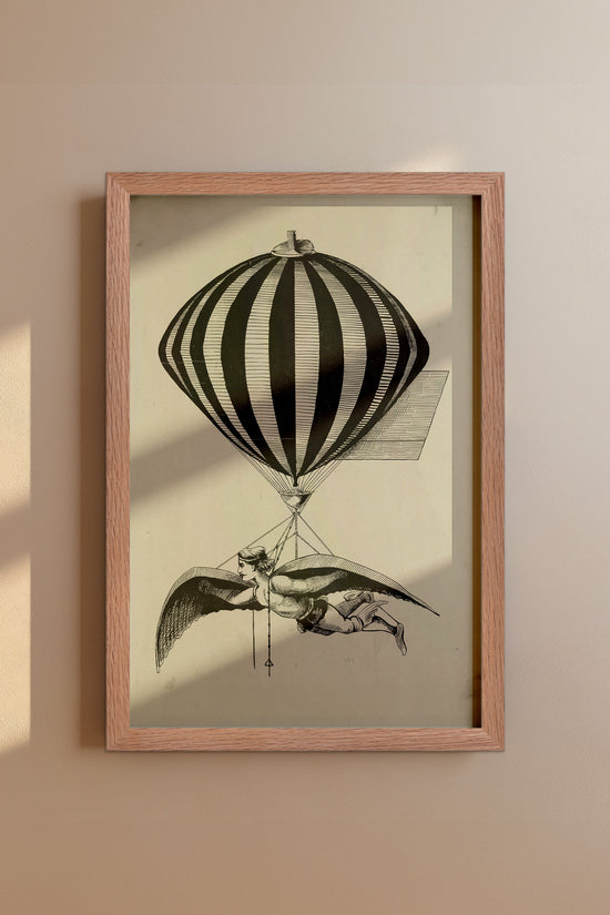 Vintage 1800s Air Balloon Illustration – Monochrome Flight Wall Art Print