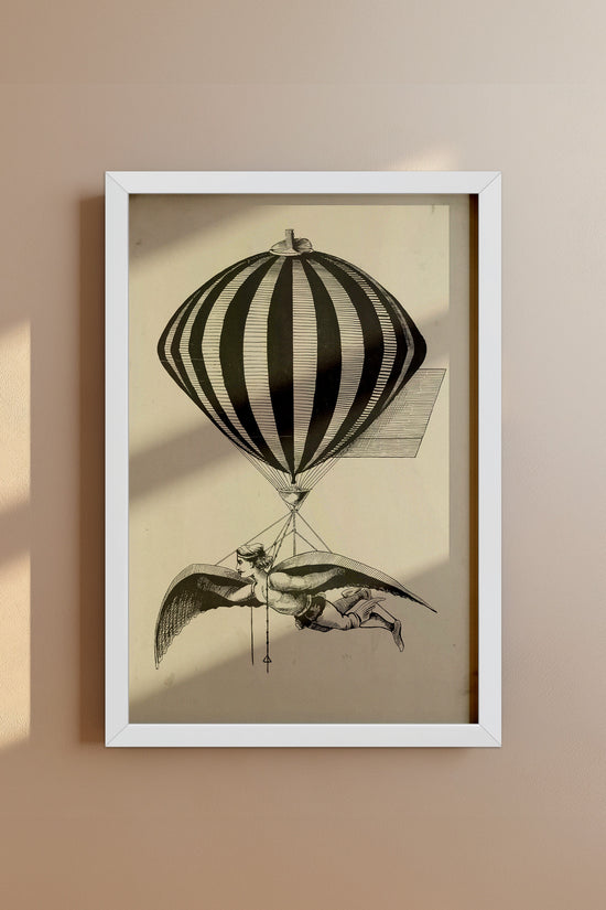 Vintage 1800s Air Balloon Illustration – Monochrome Flight Wall Art Print