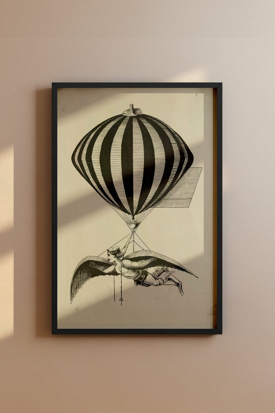 Vintage 1800s Air Balloon Illustration – Monochrome Flight Wall Art Print