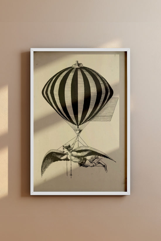 Vintage 1800s Air Balloon Illustration – Monochrome Flight Wall Art Print